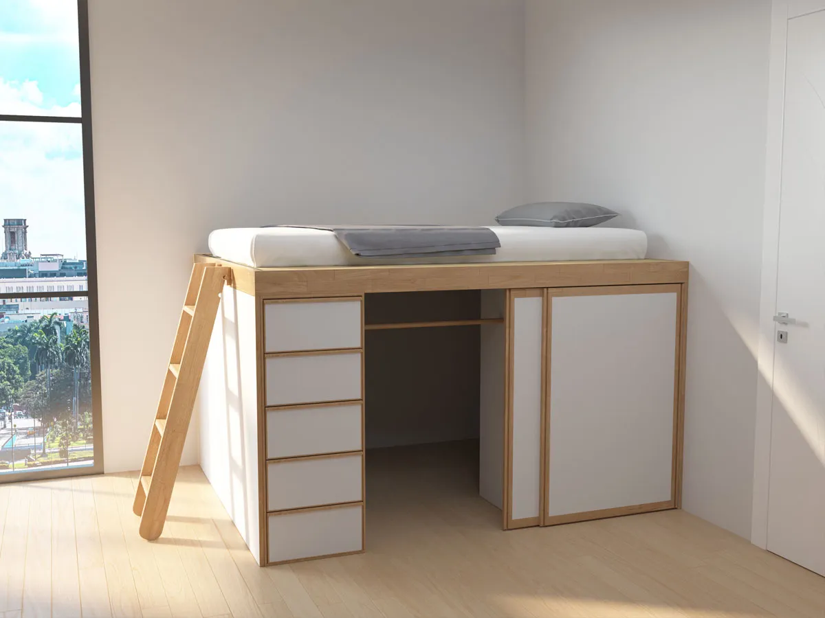 letto alto armadio sotto cassetti carrelli
