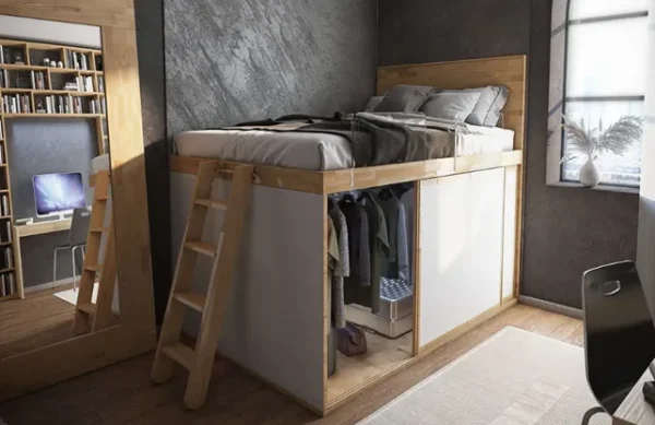 high bed with walk-in closet